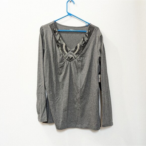 St. John’s Bay Heather Grey Sequin Collar Top, Long Sleeve, Cotton, Women's 1X - Picture 1 of 9
